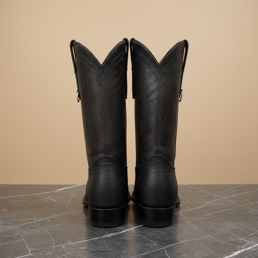 Botas vaqueras negras sobre mármol oscuro, vista trasera