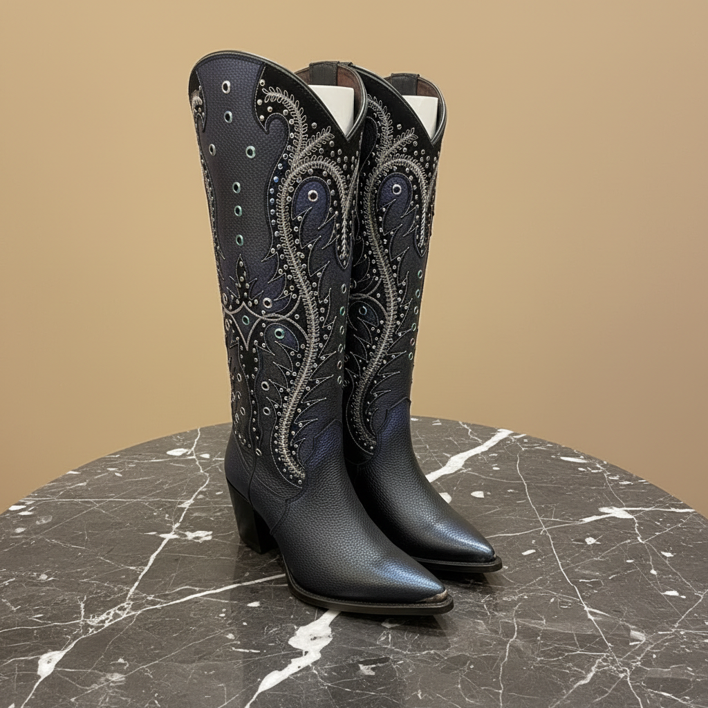 Botas vaqueras azul noche sobre mármol oscuro, vista lateral