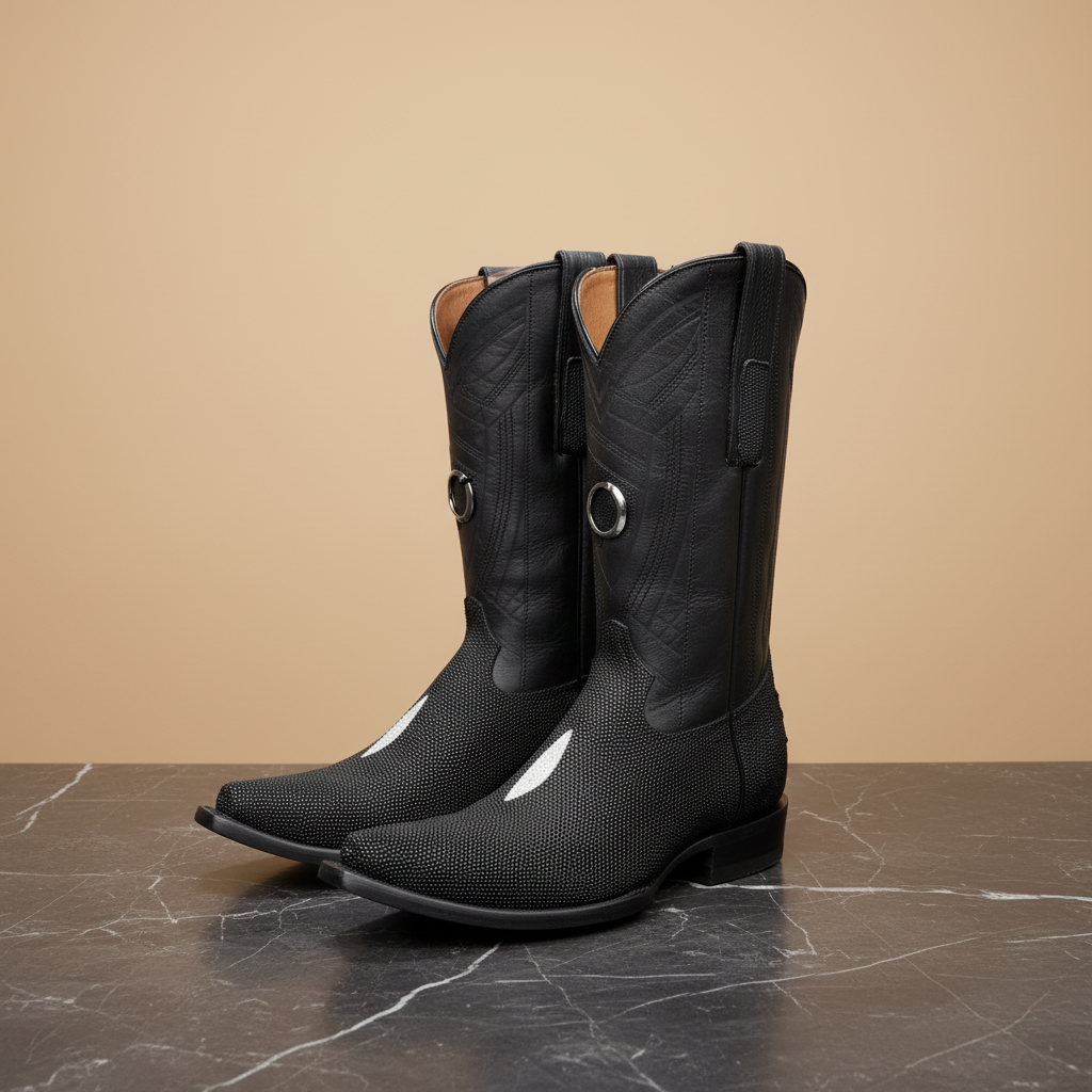 Botas vaqueras negras sobre mármol oscuro, vista lateral