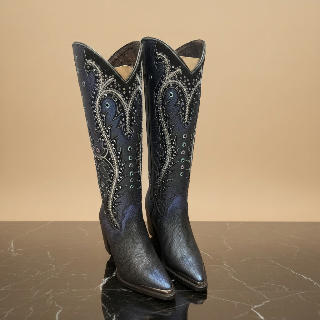 Botas vaqueras azul noche sobre mármol oscuro, vista frontal