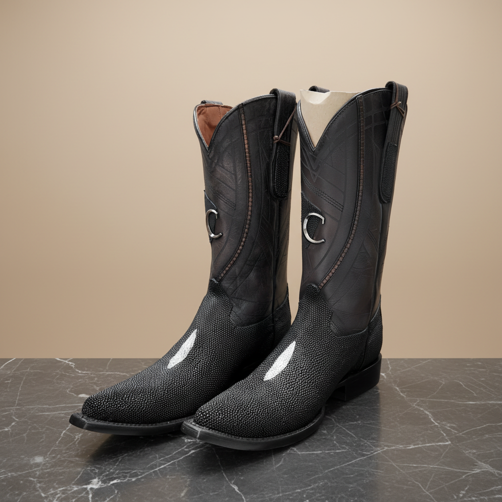 Botas vaqueras negras sobre mármol oscuro, vista frontal